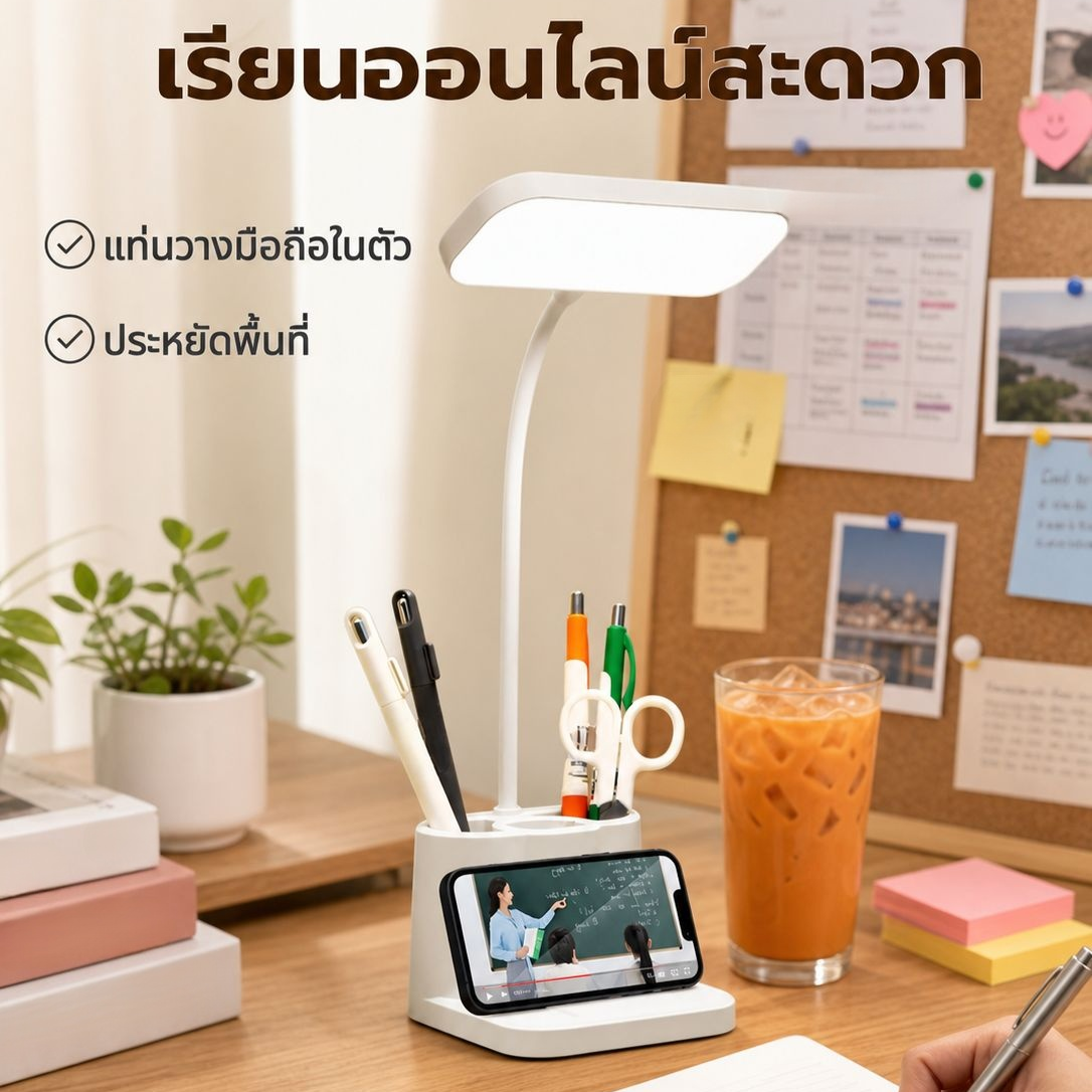 โคมไฟ LED ตั้งโต๊ะสำหรับนักเรียน มัลติฟังก์ชั่น พร้อมที่ใส่ปากกา ชาร์จไฟได้ ถนอมสายตา ใช้ในหอพัก