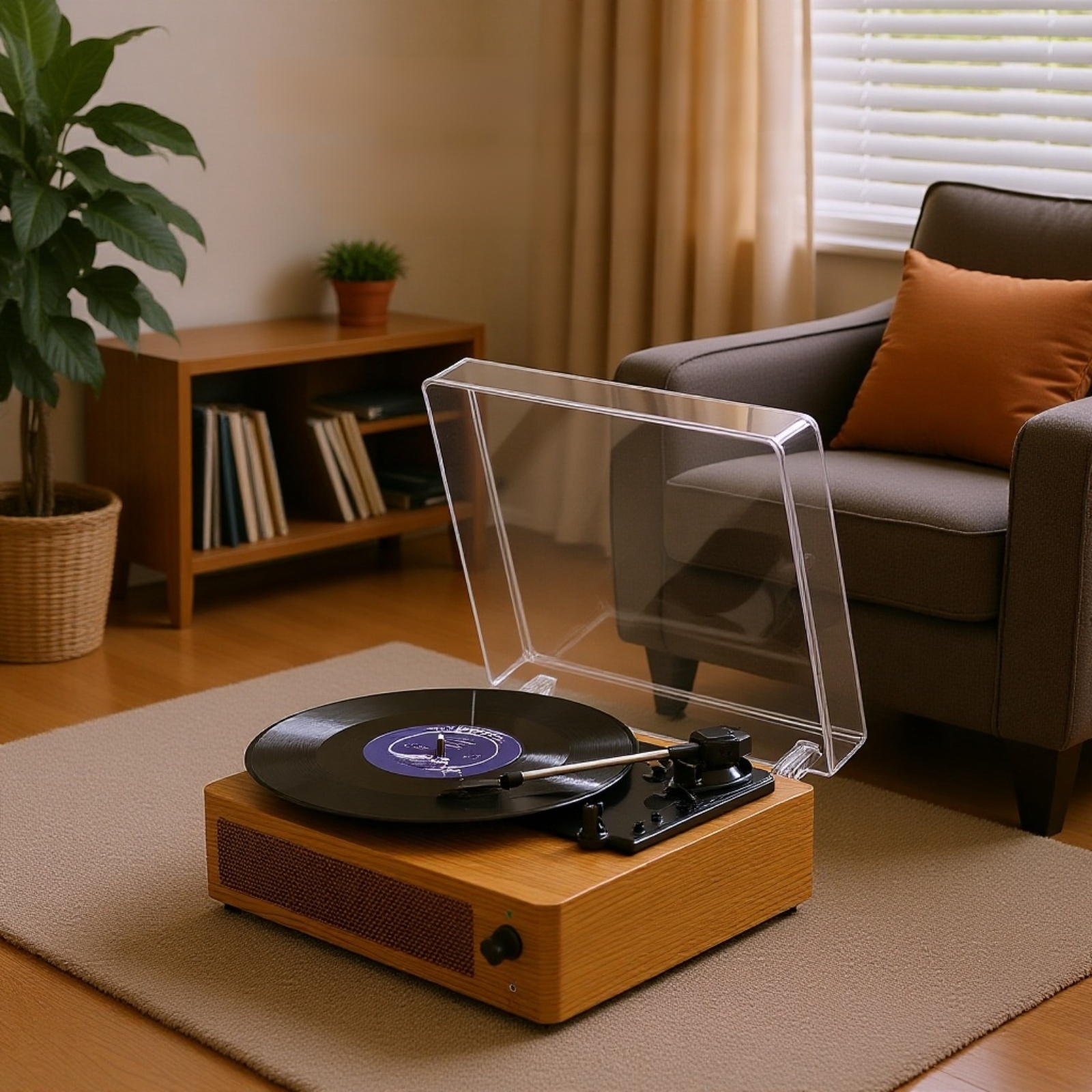 مشغل أسطوانات فينيل خشبي بتقنية بلوتوث مع غطاء مقاوم للغبار بتصميم عتيق على طراز الغراموفون