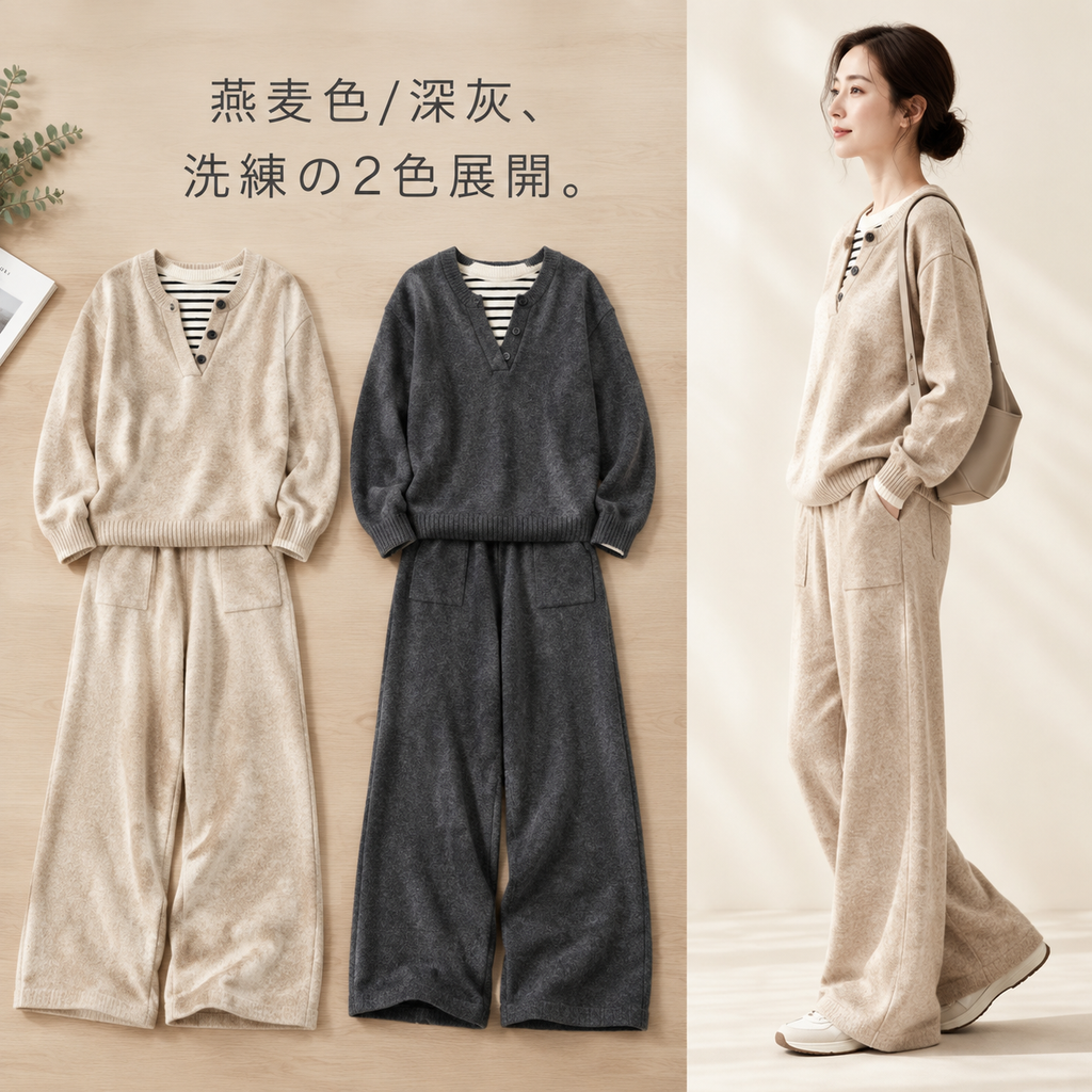 レディース春秋新作フェイクレイヤードトップス＋ワイドパンツ2点セット