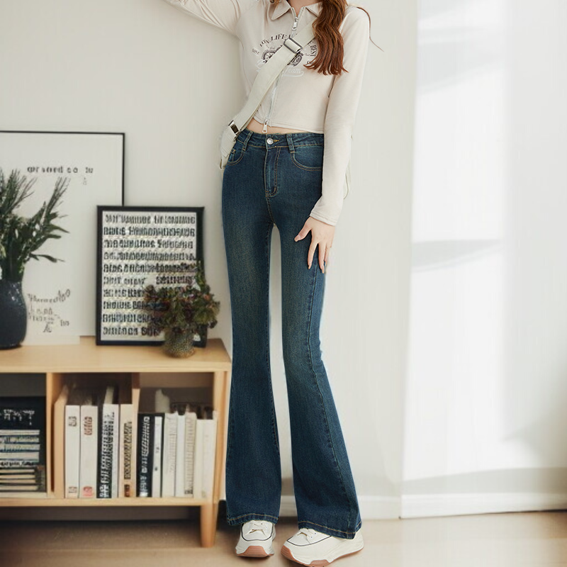 小さめハイウエストワイドジーンズ女性春春スリム細めマイクロフレアワイドパンツ