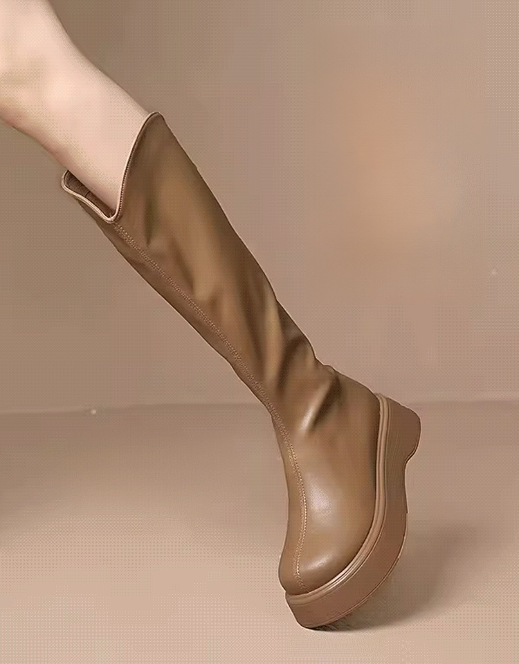 V 입후 바닥 슬림 가죽 부츠