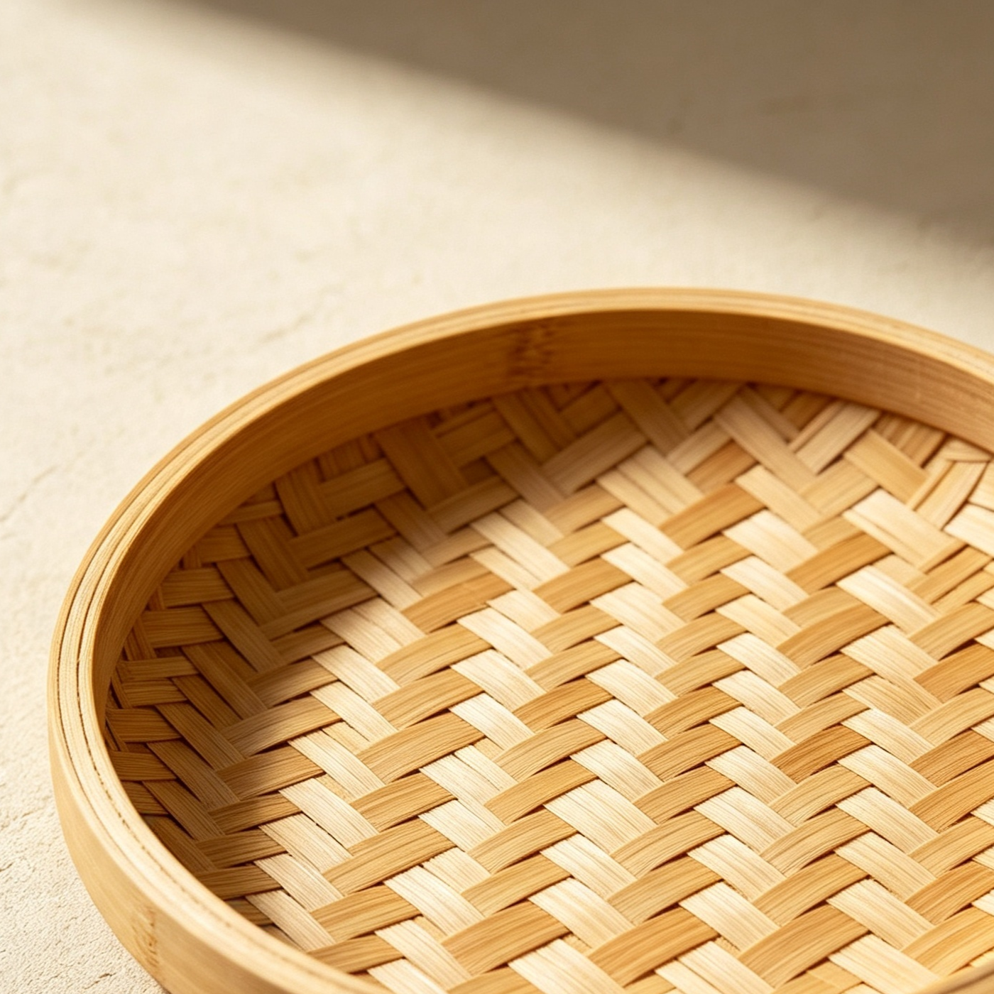 Close-up of hand-woven bamboo plate texture