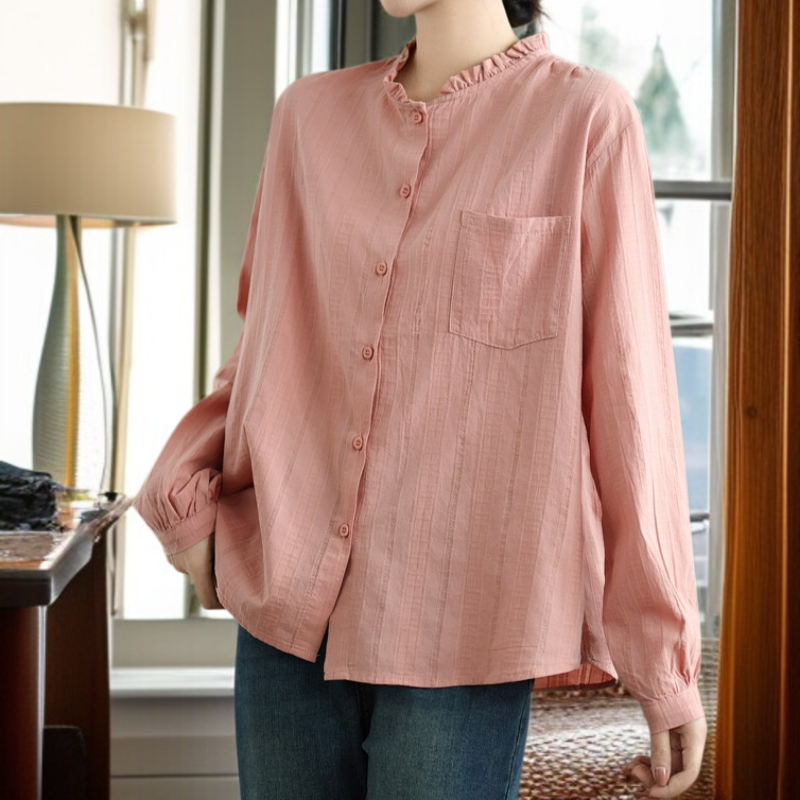 여성 문예 루즈핏 목이버섯 면 자카드 긴팔 셔츠