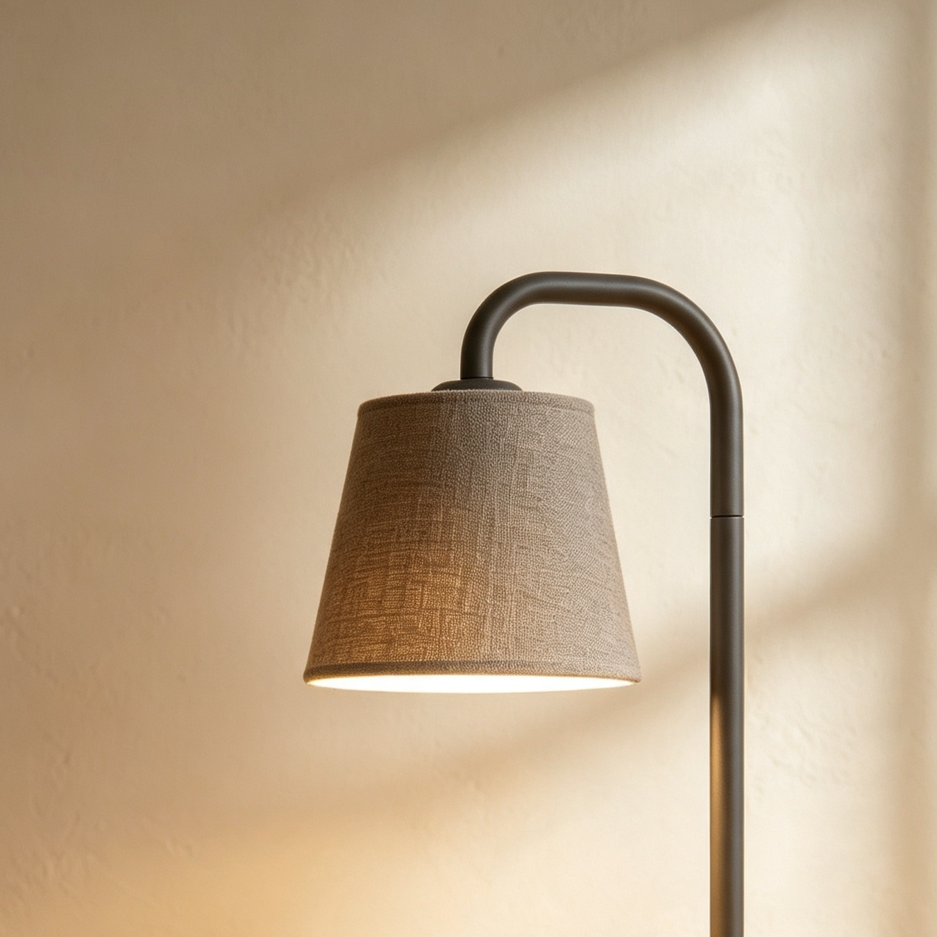 Set of 2 fabric curved pole desktop lamps on wooden desk