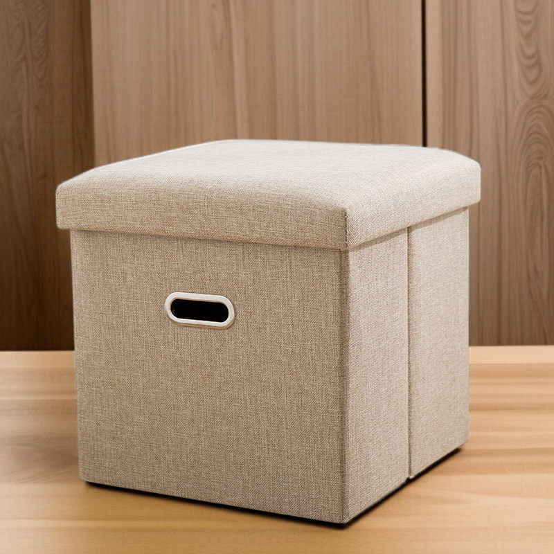 Przenośny składany stołek do przechowywania z imitacji lnu, do zmiany obuwia w domu