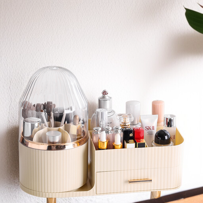 Étagère de rangement cosmétique rotative avec couvercle, boîte de rangement de bureau anti-poussière