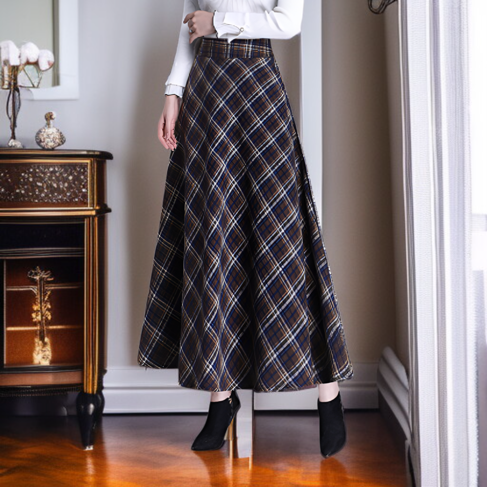 울 체크무늬 미디 스커트