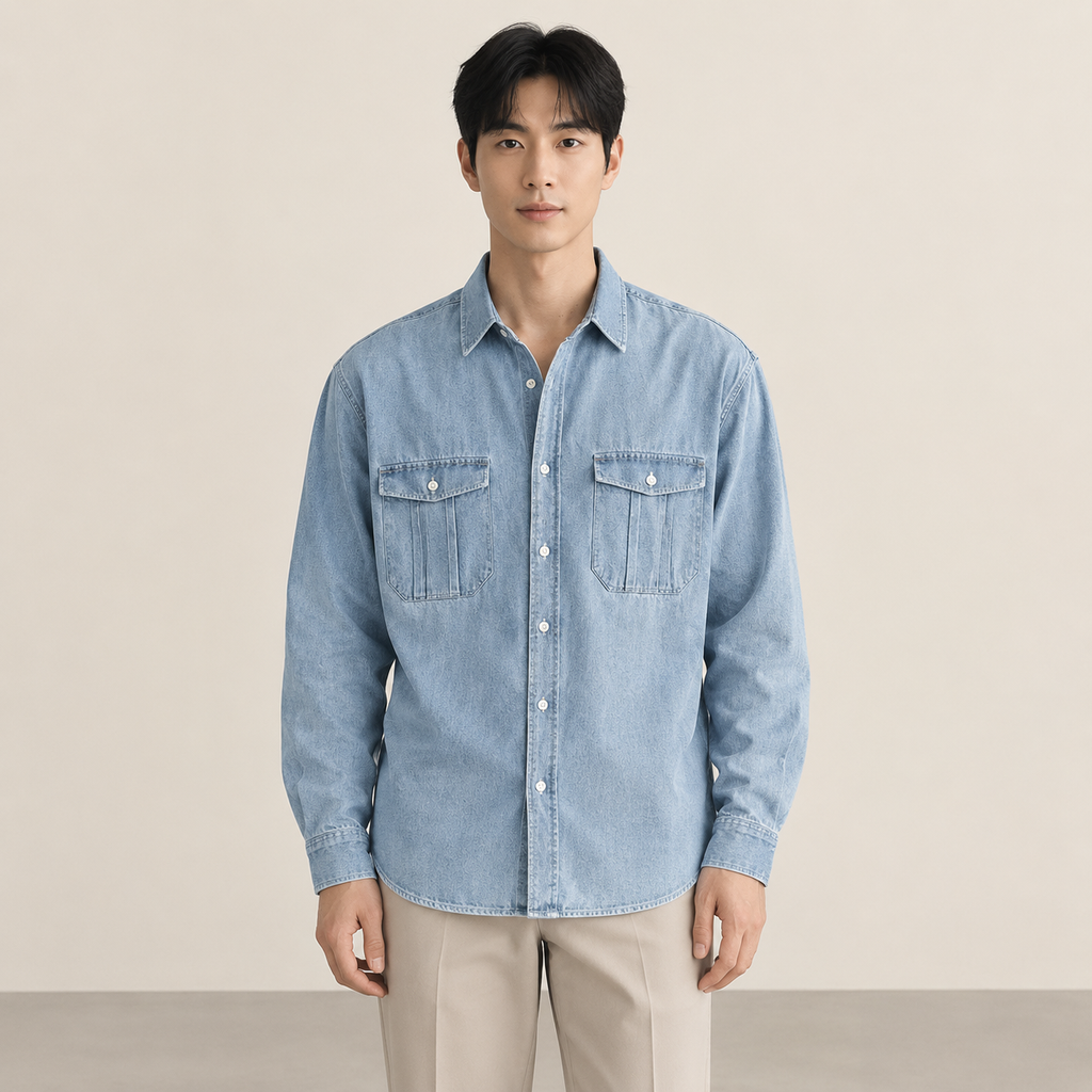 봄가을 시즌 루즈핏 남성 워싱 빈티지 데님 셔츠