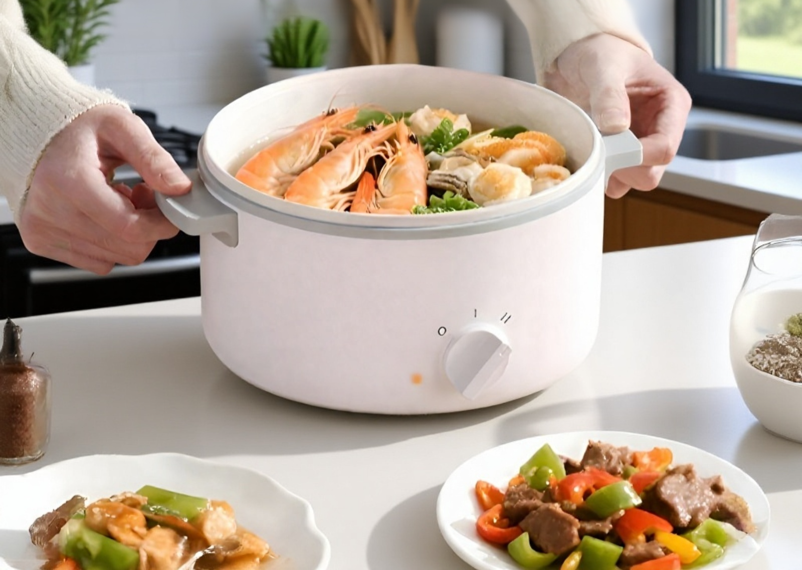 전기밥솥으로 밥과 찜 요리를 동시에 조리하는 장면