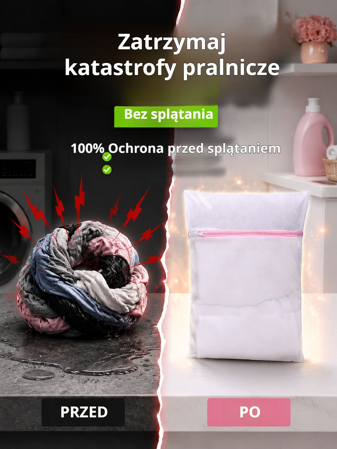Domowa siatka do prania w pralce na tle pralki