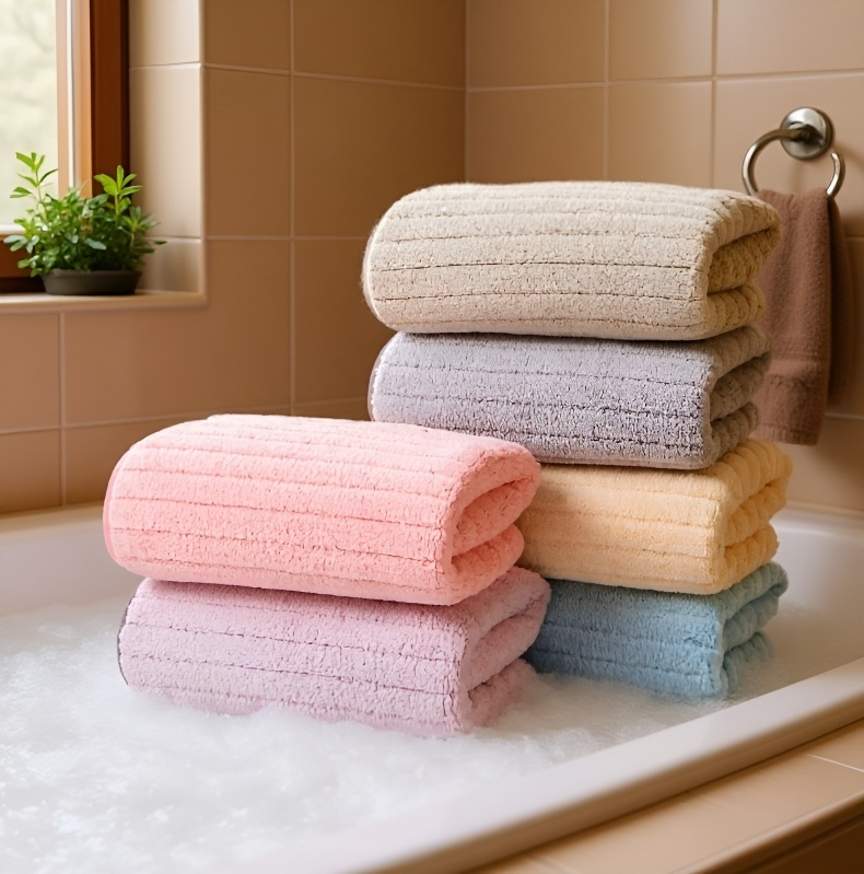 부드러운 촉감의 코랄 컬러 타월 근접 사진