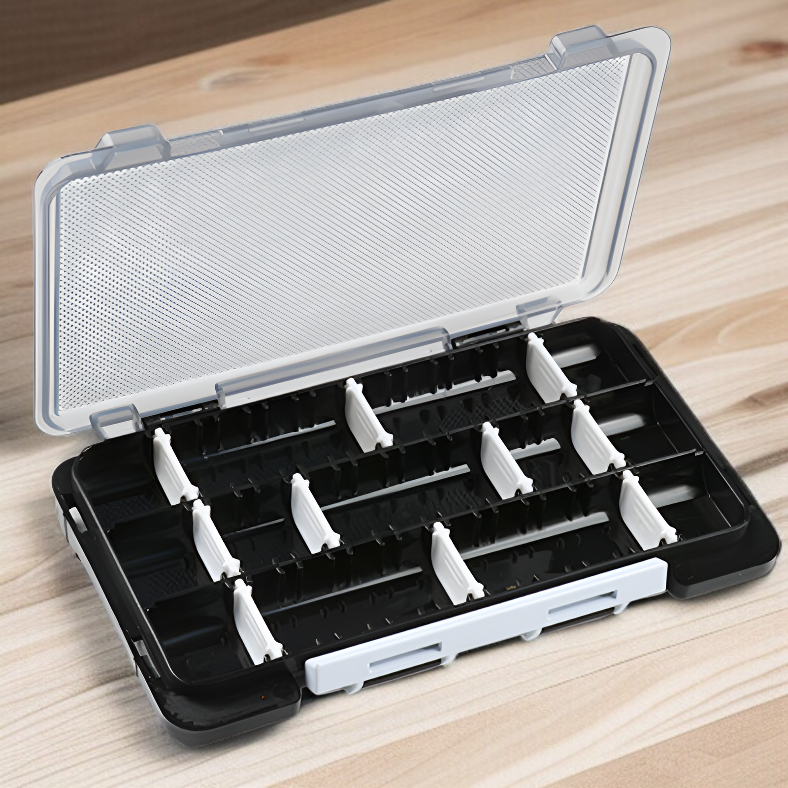 Open view of multi functional tool storage box showing organized tools