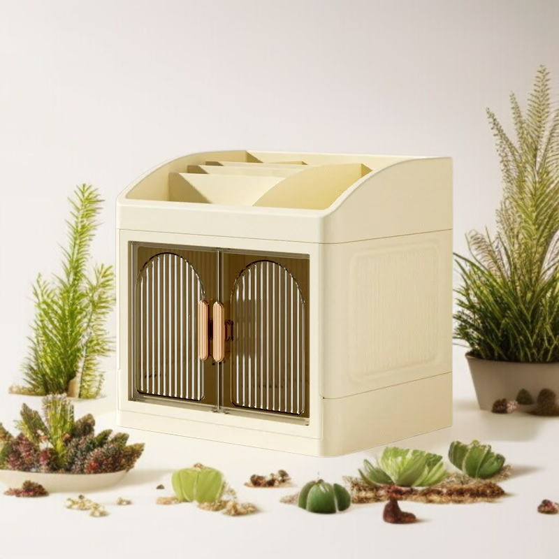 가정용 탁상 접이식 수납함 다용도 플라스틱 수납장 더블 도어 화장품 수납함 방진 레이어드 수납함