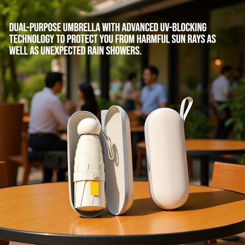 Compact foldable capsule umbrella suitable for both sunny and rainy days.