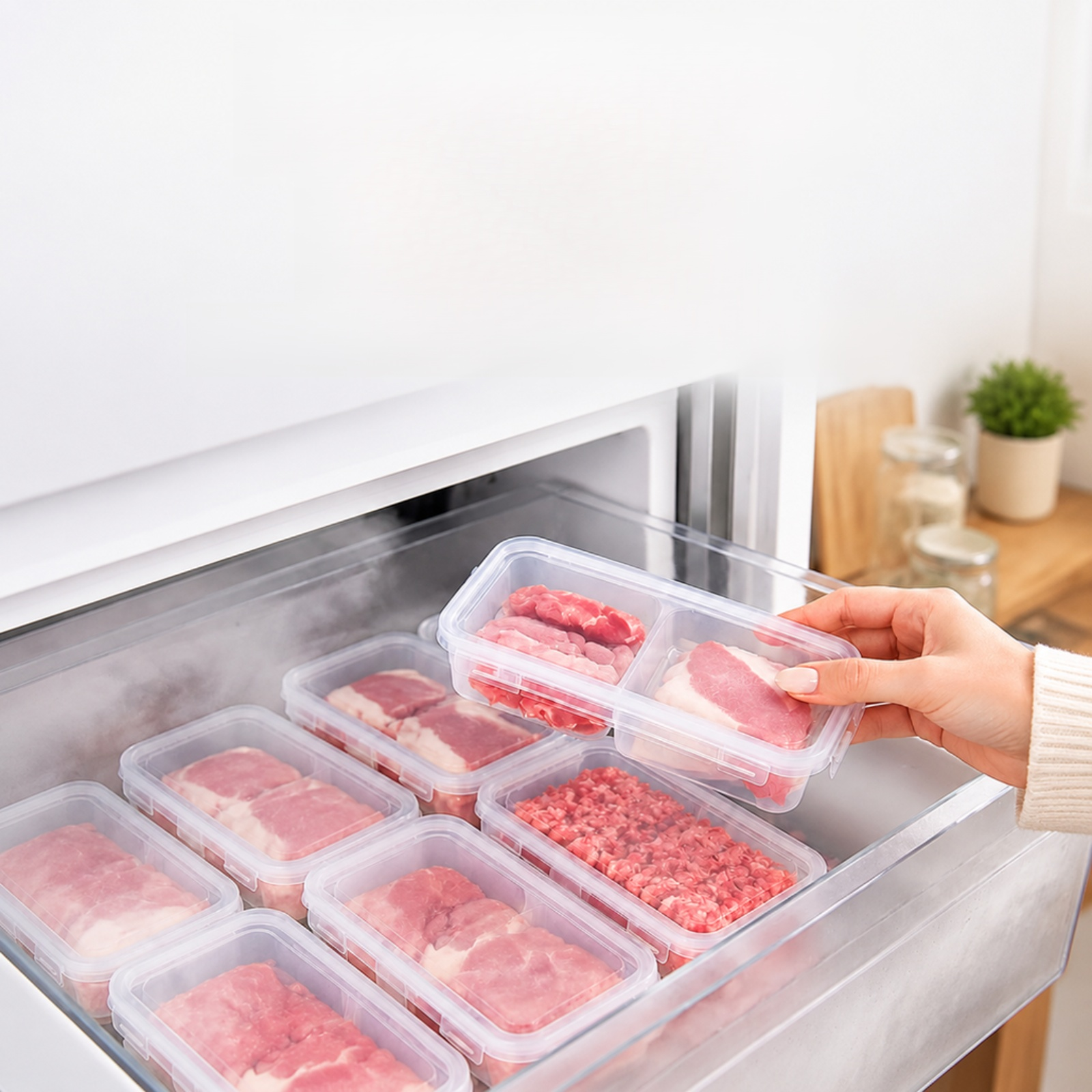 食品グレードの電子レンジ対応肉用冷凍保存容器、臭いの混ざりを防ぐ密閉構造、および週ごとの食材準備用保存容器。