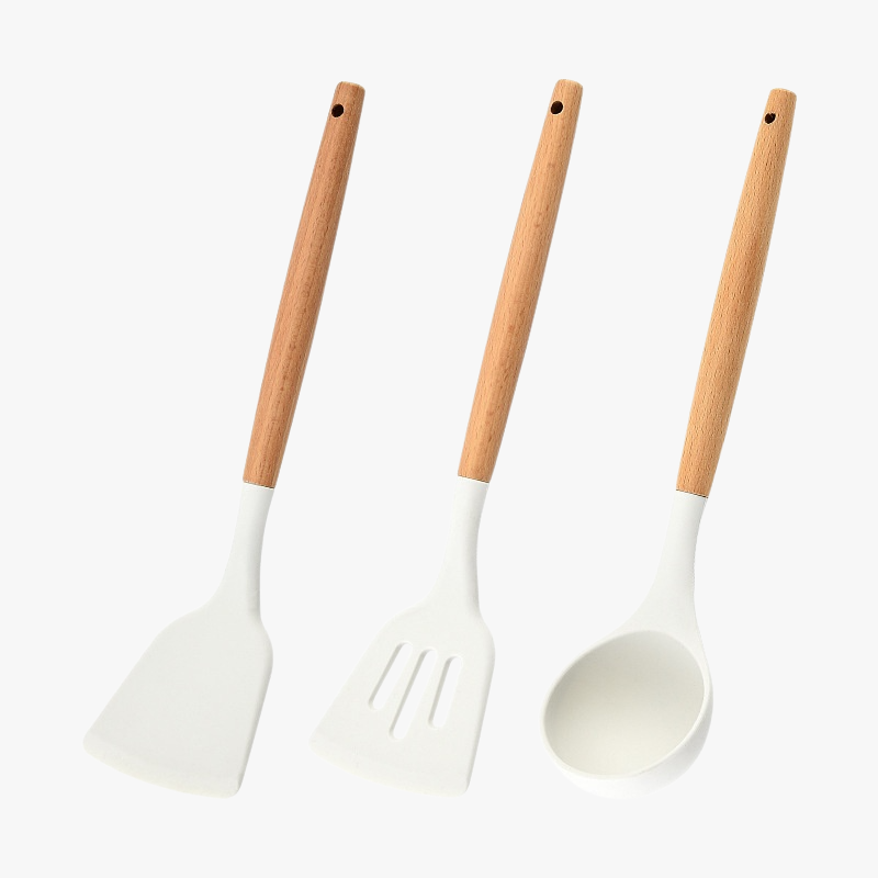 Heat-Resistant Wooden Handle Silicone Kitchenware 3-Piece Set (Soup Spoon, Spatula)