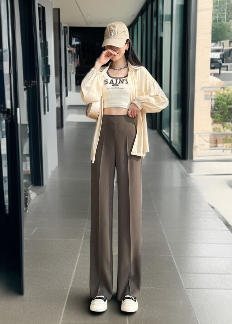여성 봄가을 작은 키 슬림 와이드 팬츠 처짐 옆 지퍼 정장 팬츠 힙업 일자 팬츠 하이웨스트 캐주얼 팬츠