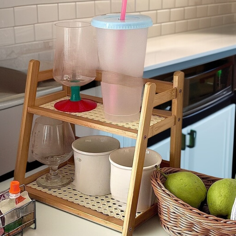 더블 레이어 라탄 컵 홀더 수납 선반