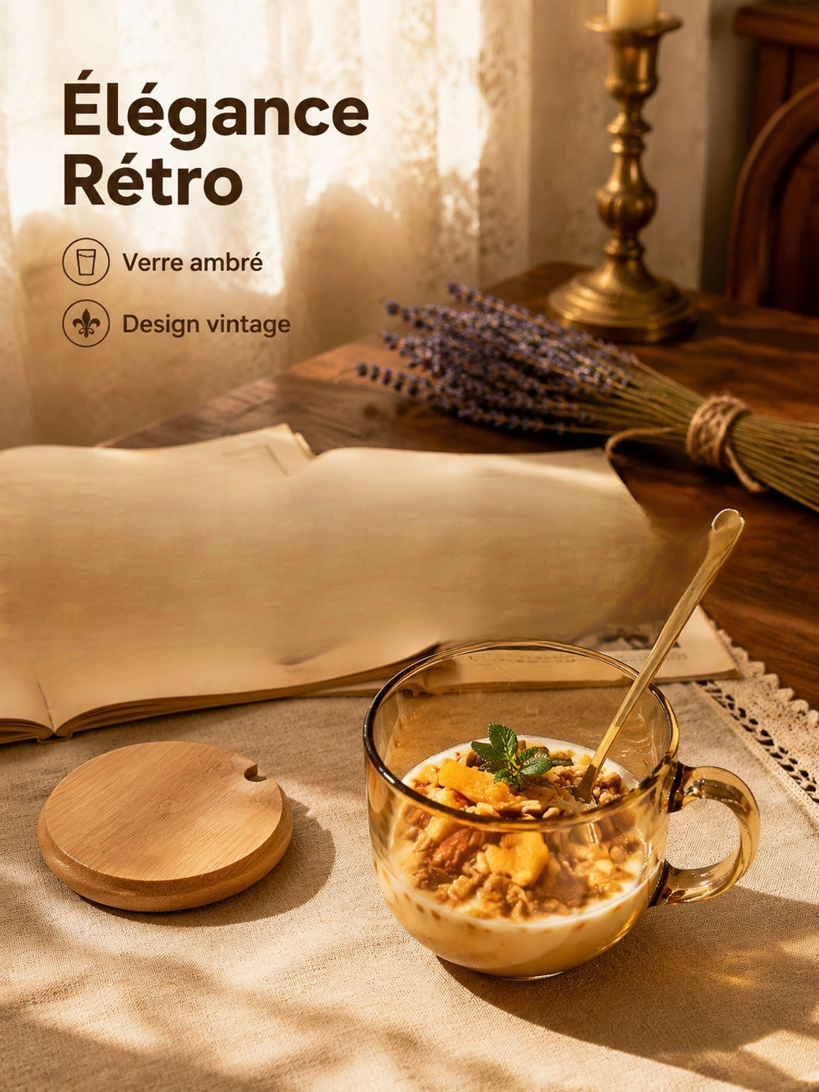 Verre à petit-déjeuner grande capacité avec couvercle et cuillère