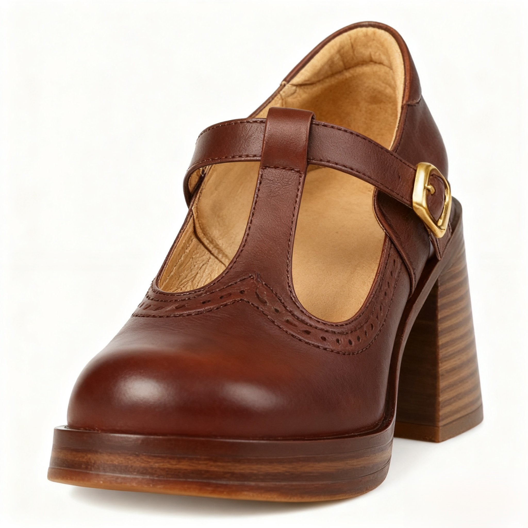 フルレザーのチャンキーヒール、ラウンドトゥ、Tバックル、ブローグ、ミッドカットフラットシューズ