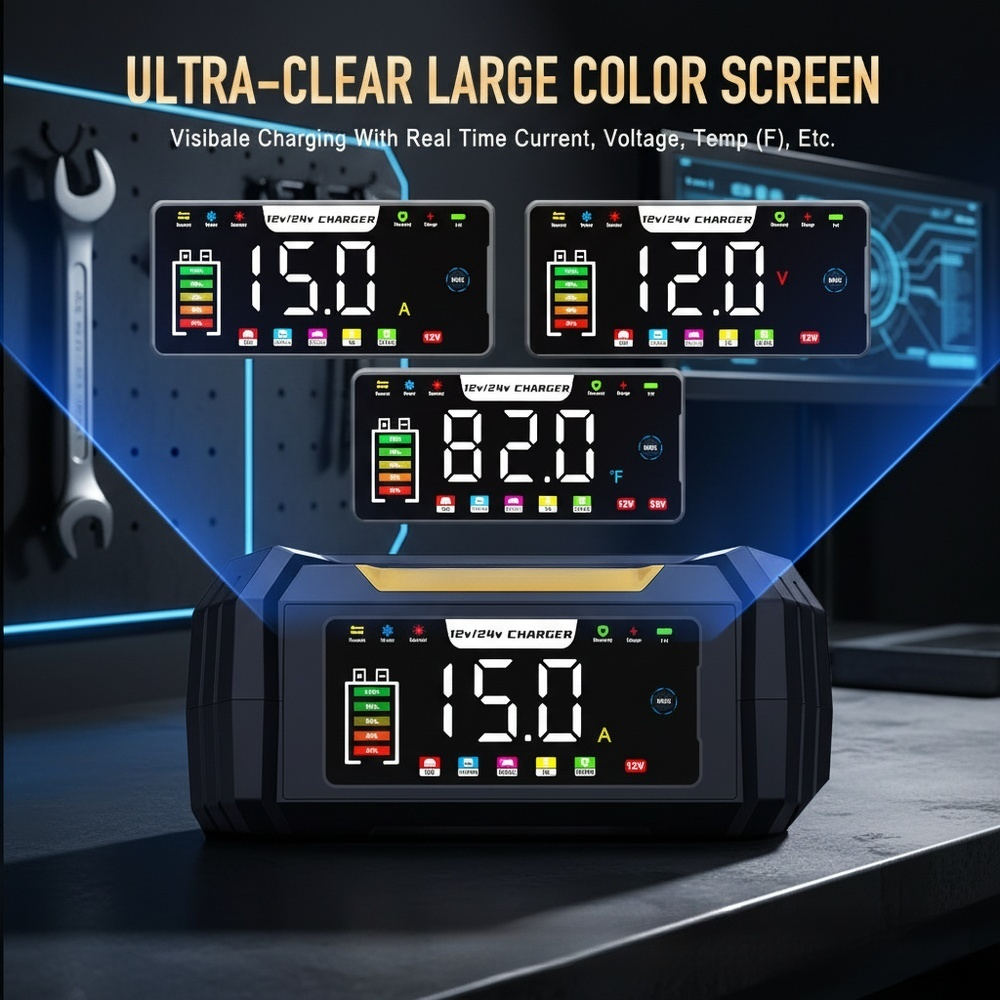Portable Car Battery Charger for Lead-Acid/Lithium Iron Phosphate Batteries with Concealed Cable