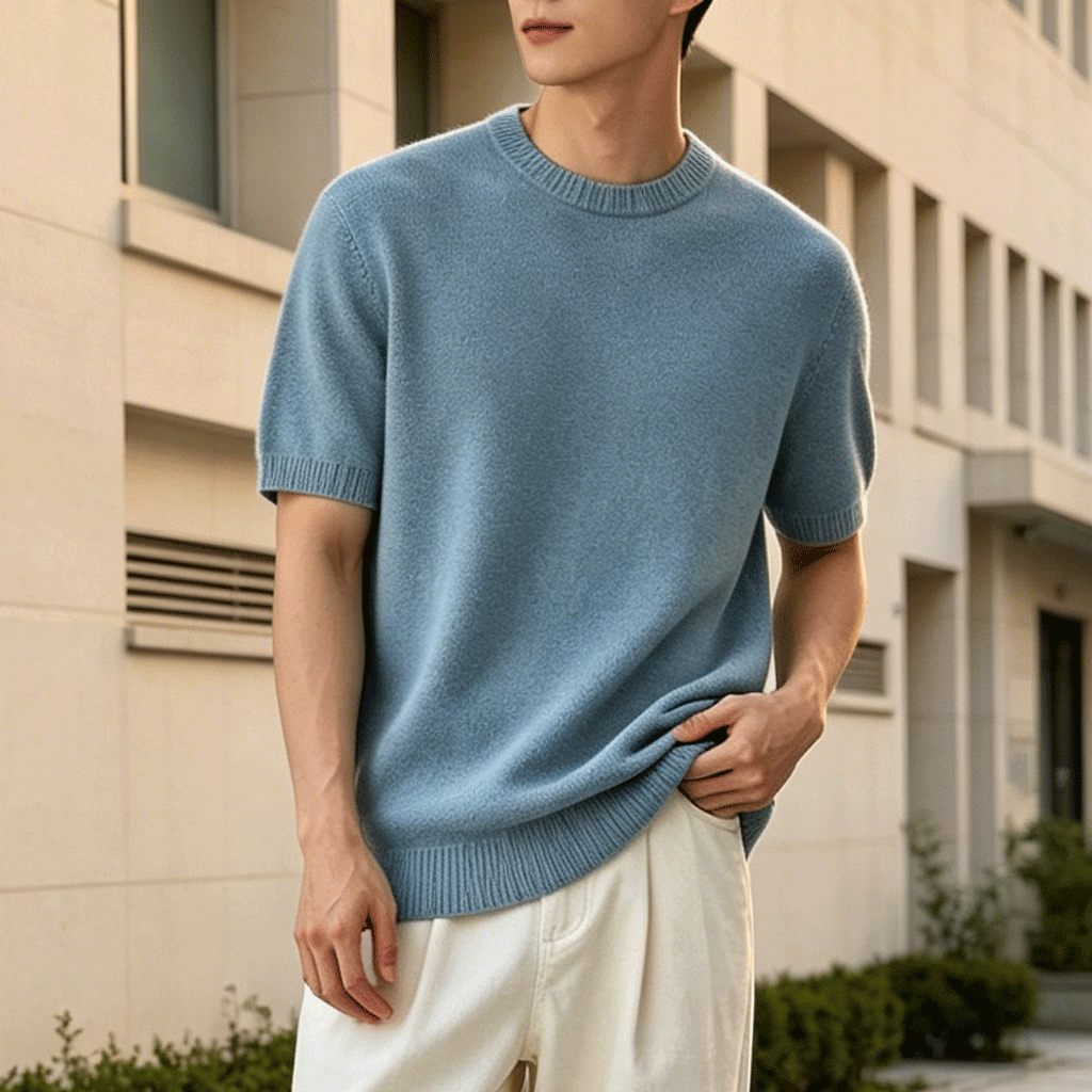 여름용 심플 블루 반팔 상세 이미지