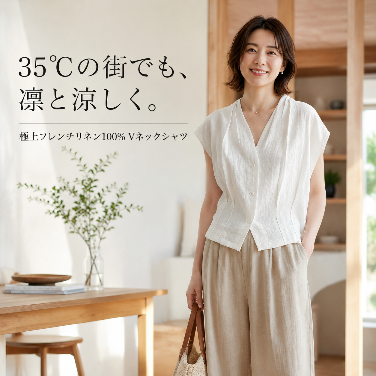 日本風Vネックノースリーブリネンシャツ女性用