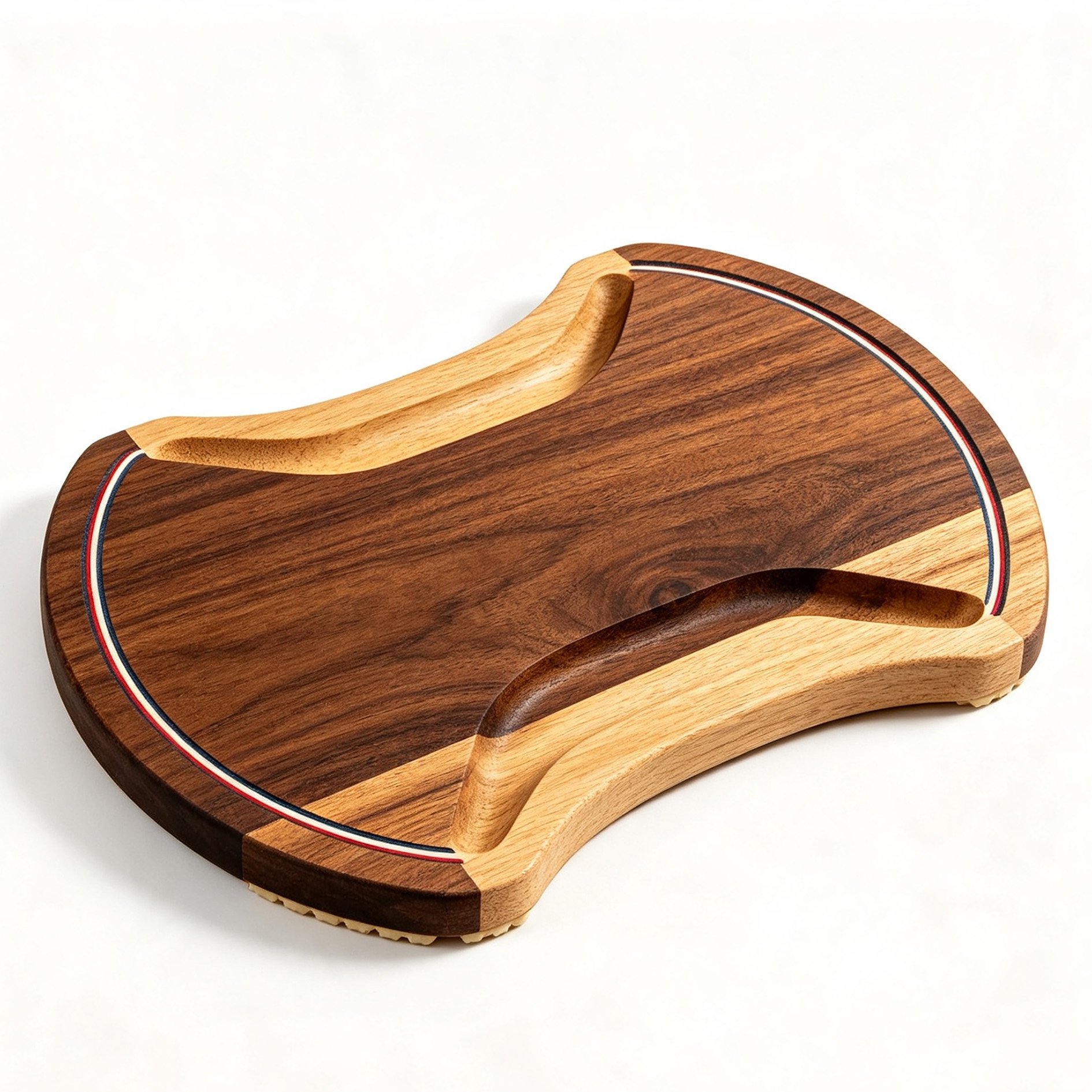 Natural wood curved chopping board with fresh vegetables