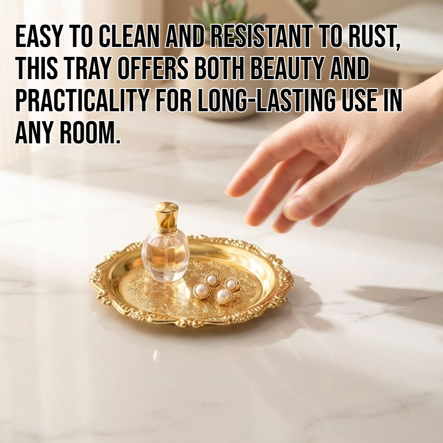 Retro-style carved metal storage tray on wooden table