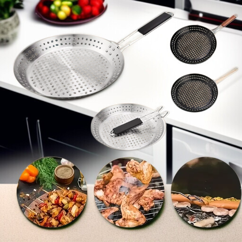 휴대용 Bbq 불판 야외 접이식 야채판 원형 펀칭 불판 나무 손잡이 야외 바베큐 접시