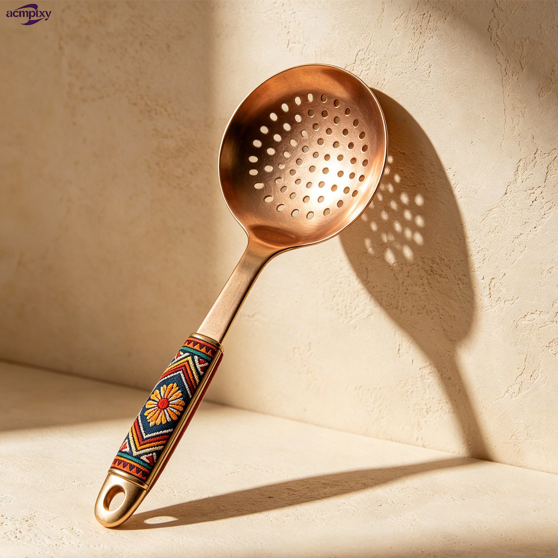 Cuchara coladora chapada en oro con diseño de bloques de color de estilo retro