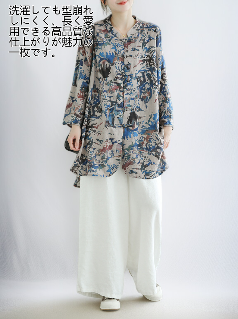 レディースレトロコットンリネンプリントトップス正面画像