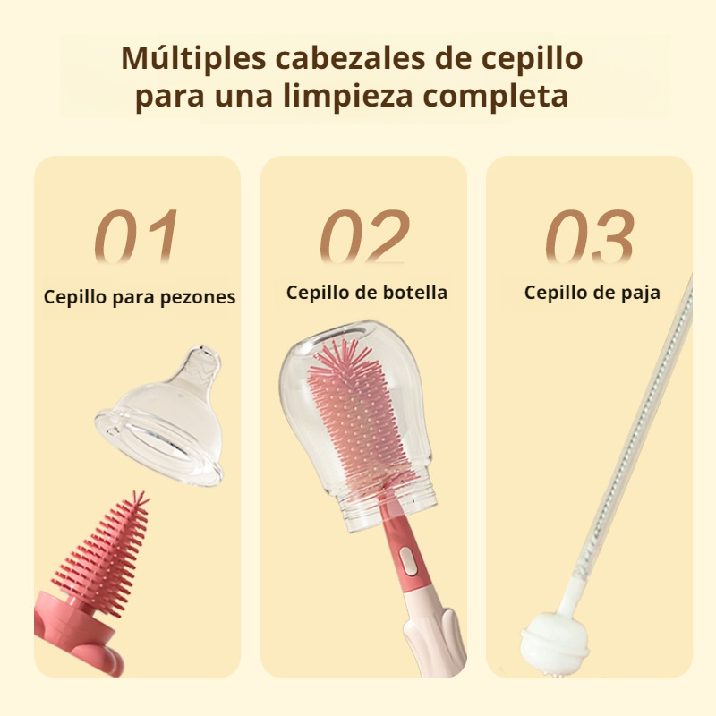 Cepillo portátil 3 en 1 para bebé, cepillo limpiador de biberones y pajillas de silicona alimentaria