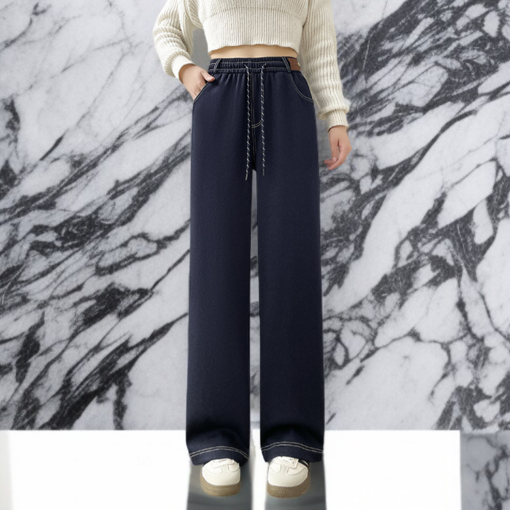 ハイウエストのストレッチフリース裏地付きカジュアルジーンズ