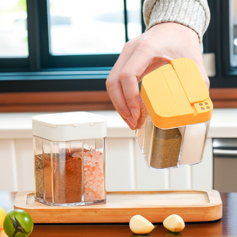 日本製 4グリッド一体型調味料瓶 防湿塩瓶 スライド式調味料ボックス キッチン調味料ボトル 家庭用調味料ボトル
