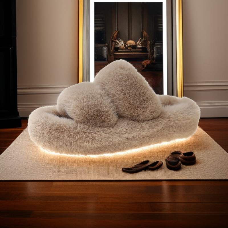 รองเท้าแตะขนเฟอร์สีลูกกวาด สไตล์เกาหลี สายคู่อัปเปอร์ เปิดหัว ใส่ในบ้าน พื้นหนา