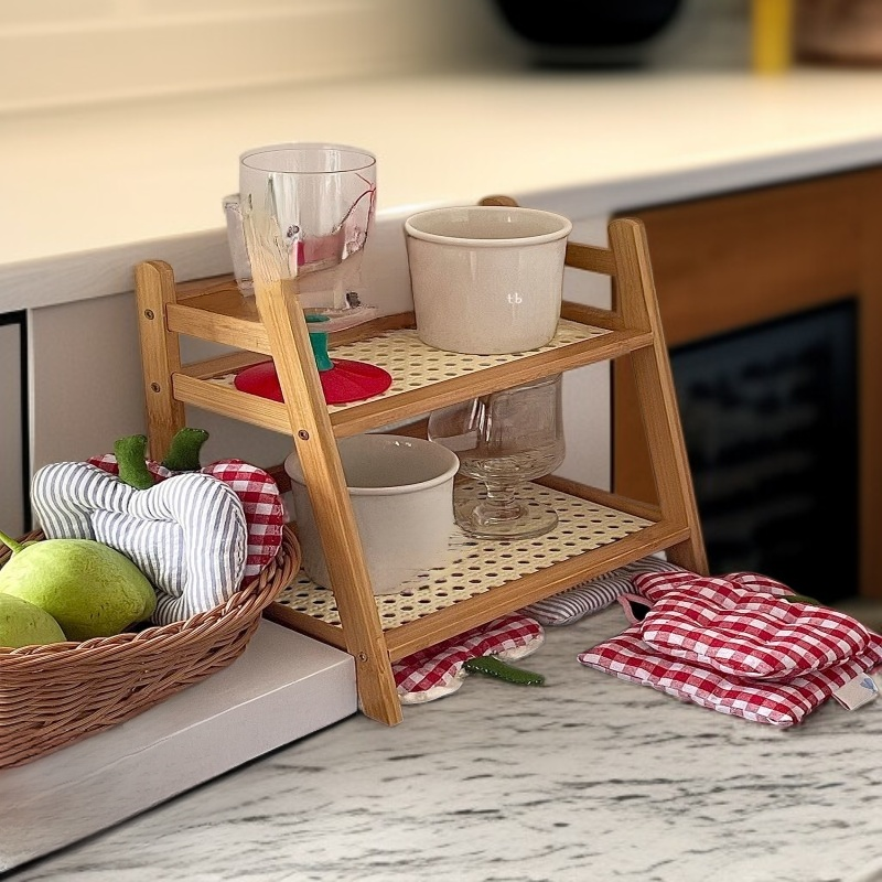 더블 레이어 라탄 컵 홀더 수납 선반