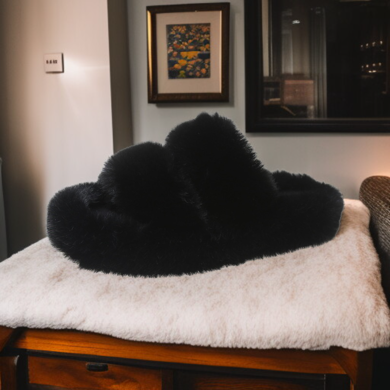 รองเท้าแตะขนเฟอร์สีลูกกวาด สไตล์เกาหลี สายคู่อัปเปอร์ เปิดหัว ใส่ในบ้าน พื้นหนา