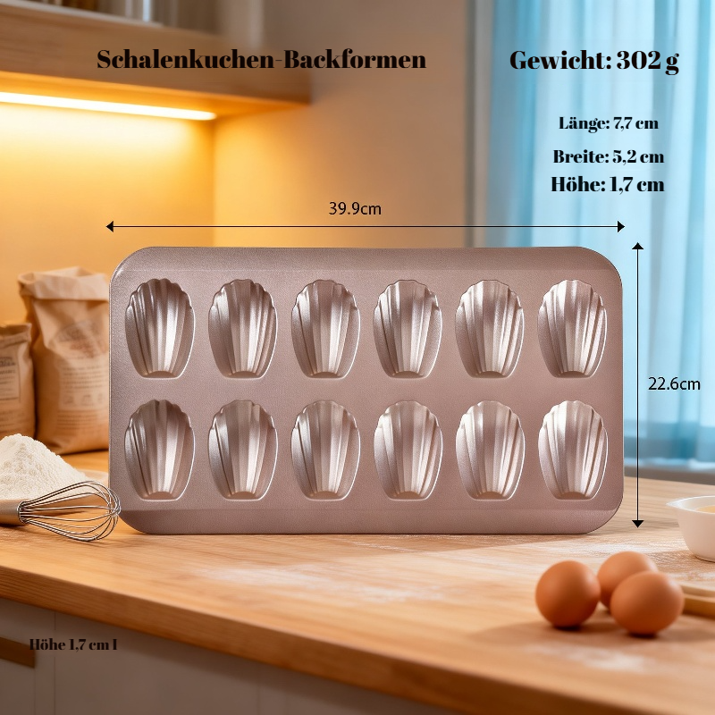 Goldene 12er Antihaft-Karbonstahl-Backform für französische Muschelkekse