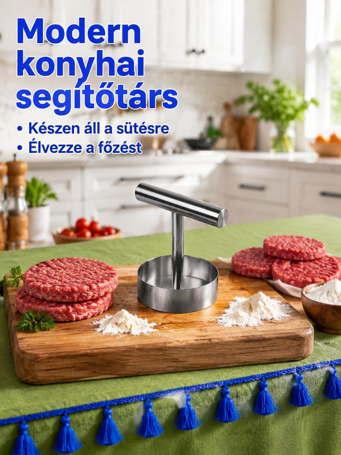 Rozsdamentes acél kör alakú pogácsa nyomó közelről
