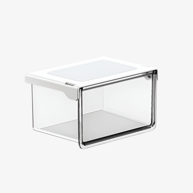 33°の傾斜角度で出し入れしやすいテーブル下収納ボックス。シンプルで透明な引き出し式で、オフィス、トイレ、洗面台、バスルームなどに最適な防水収納ボックスです。