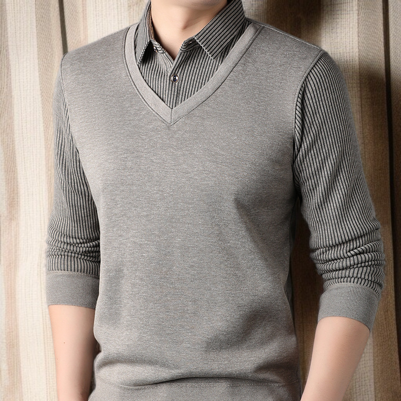 남자 겨울 니트 셔츠 가짜 투피스 기모 도톰 니트 셔츠 솔리드 스트라이프 니트 셔츠