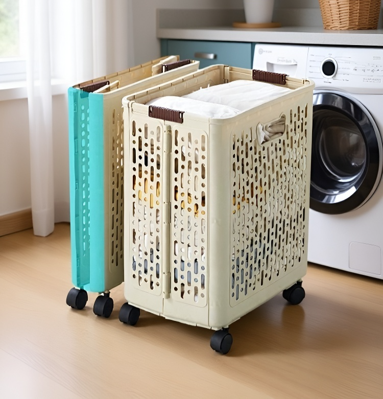 Cesta grande para ropa sucia junto a lavadora