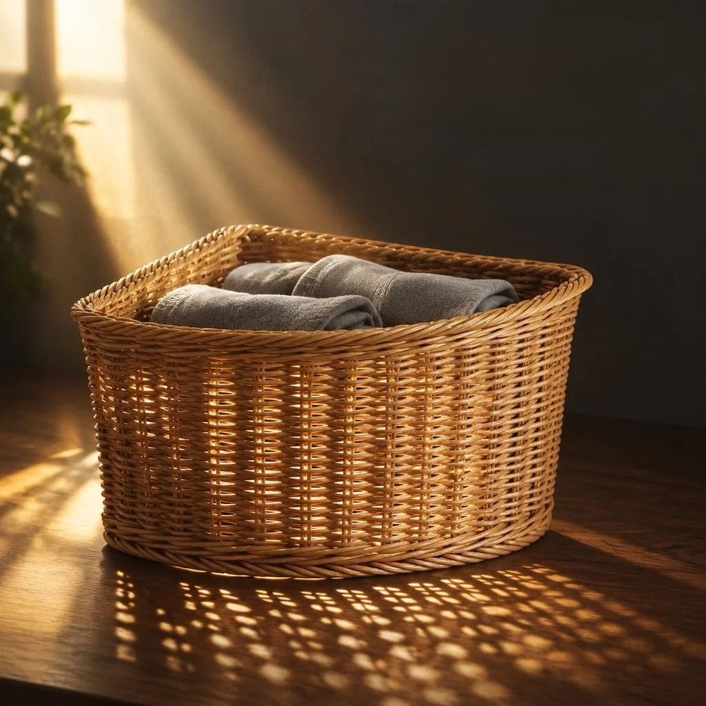 Space-saving corner storage basket for pantry organization.