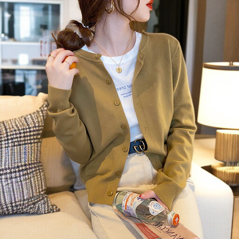 추동 아우터 여자 블랙 얇은 니트 카디건 니트 코트 긴팔 상의 라운드넥 여성 아우터 니트