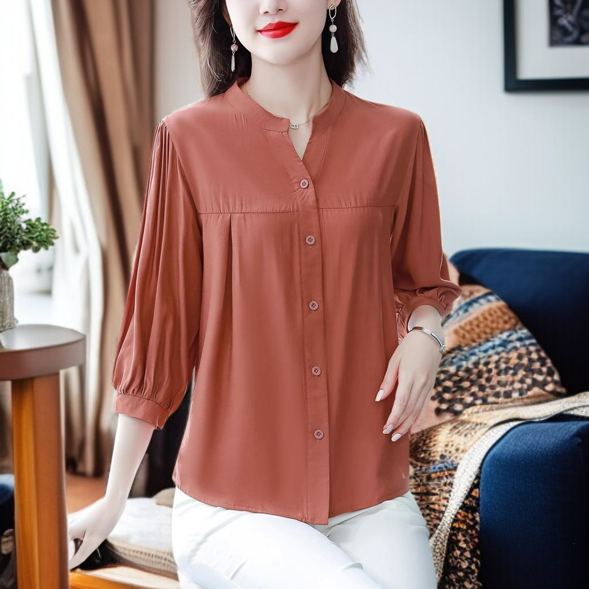 면 마 셔츠 여 린넨 상의 고급 반팔 칠부 소매 엄마 루즈핏 배 가리개 블라우스 고급스러움