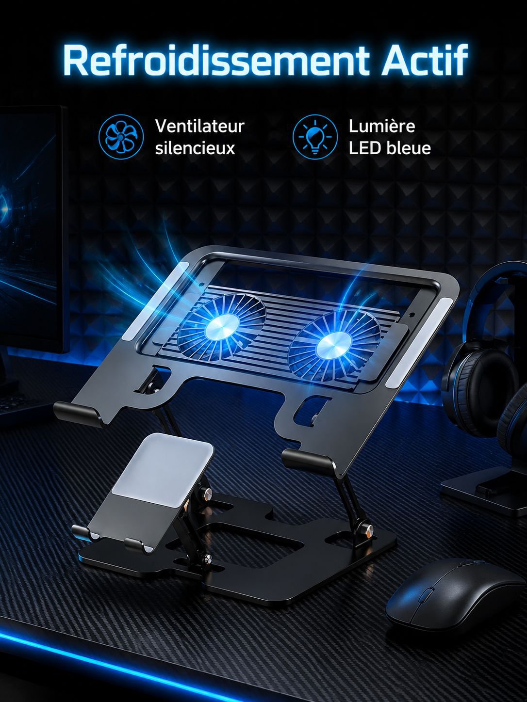 Support de refroidissement universel avec ventilateur pour ordinateur portable et téléphone