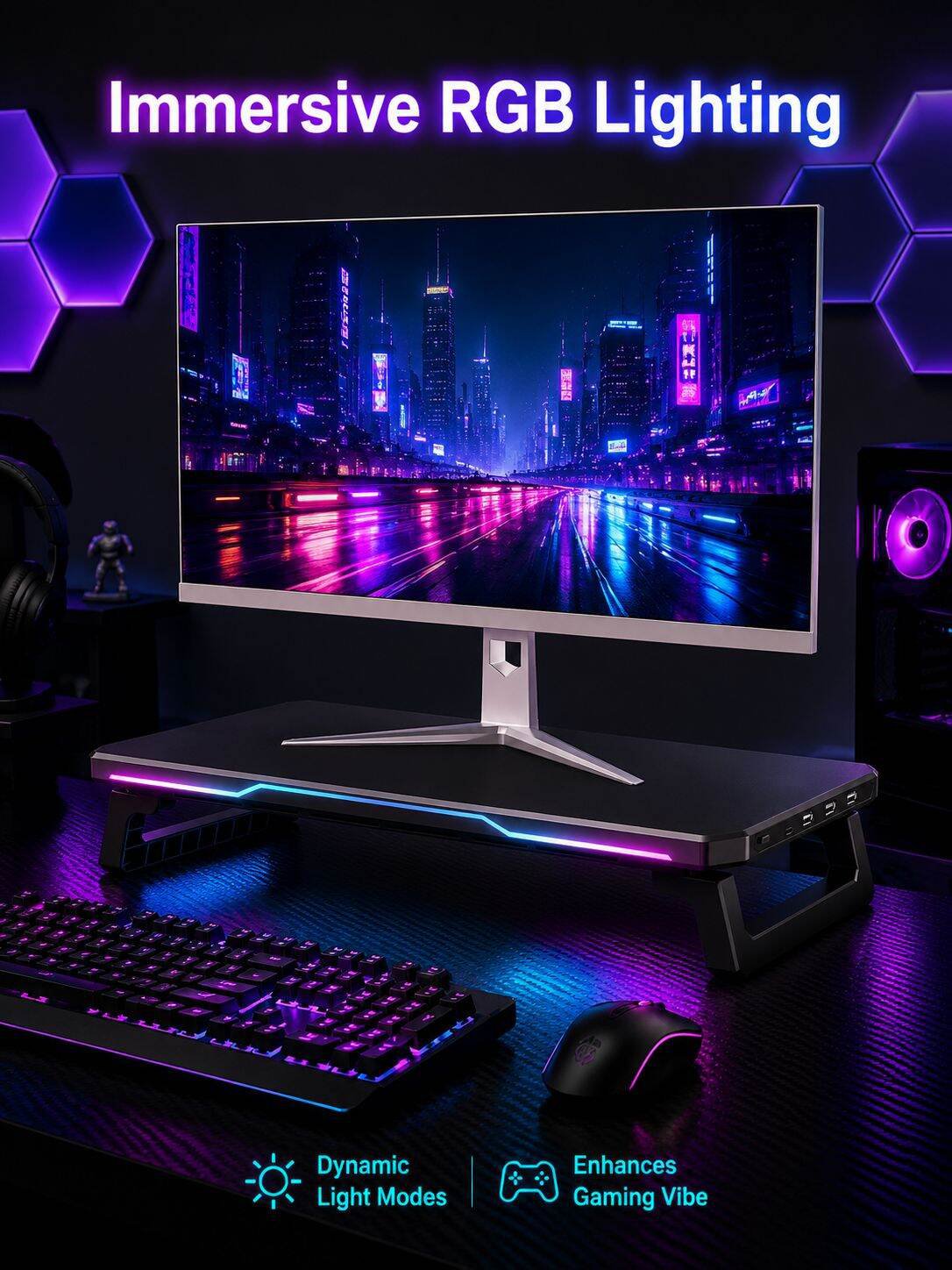 Foldable LED Monitor Riser Stand with USB Data Transfer