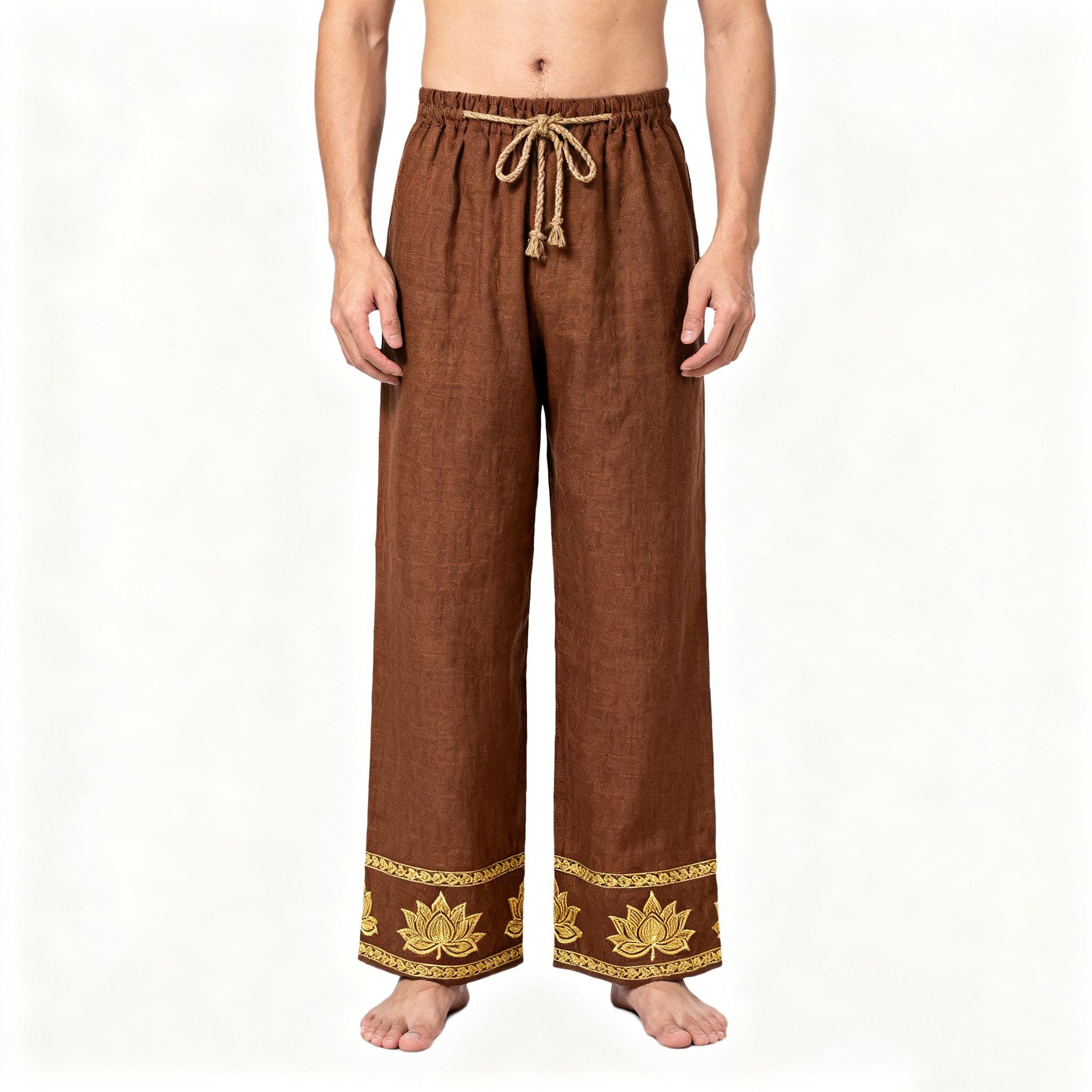  กางเกงขายาวผู้ชายแฟชั่นสีน้ำตาลปักลายดอกบัว