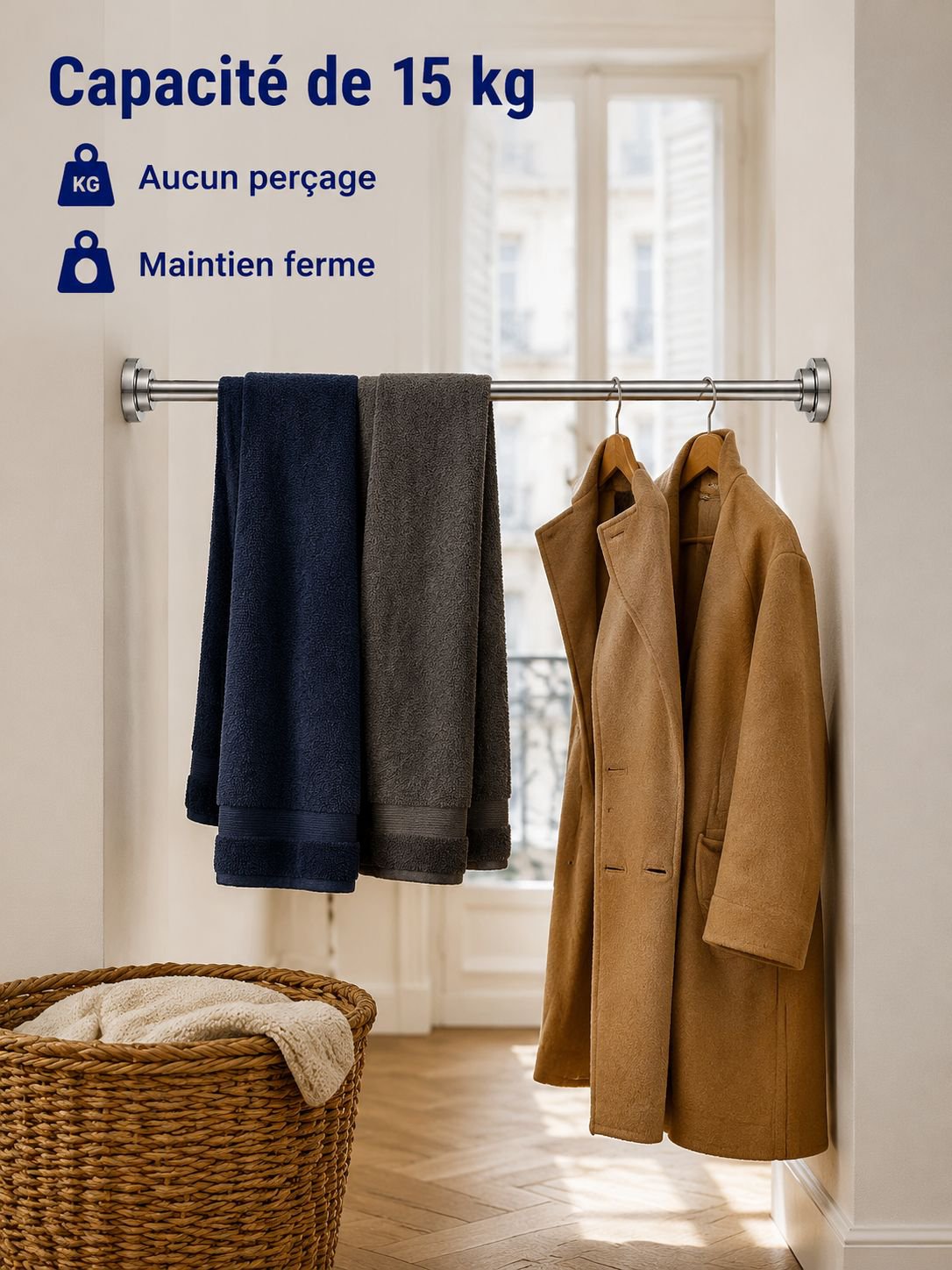 Barre de séchage à linge télescopique en acier inoxydable sans perçage, barre de rideau de douche, b
